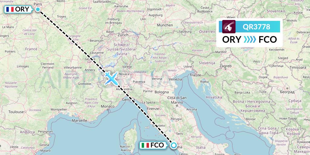 QR3778 Qatar Airways Flight Map: Paris to Rome