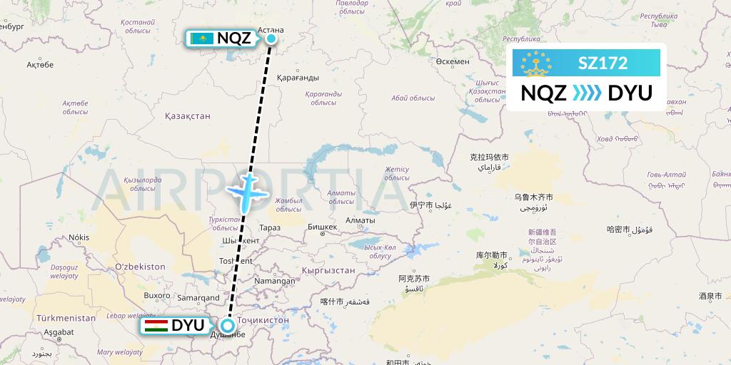 SZ172 Somon Air Flight Map: Astana to Dushanbe
