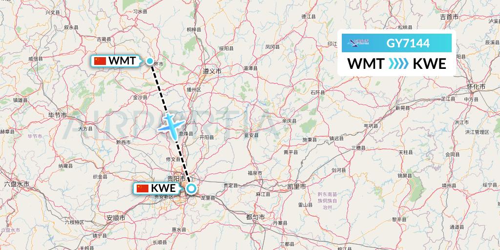 GY7144 Colorful GuiZhou Airlines Flight Map: Zunyi to Guiyang