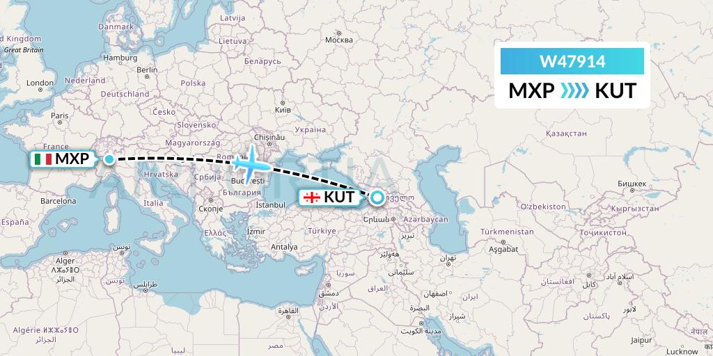 W47914 Wizz Air Malta Flight Map: Milan to Kutaisi