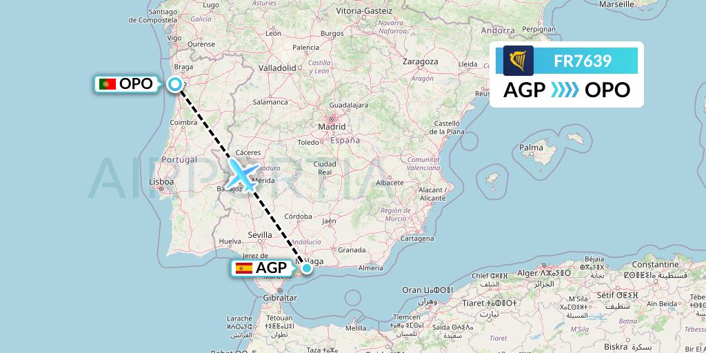 FR7639 Ryanair Flight Map: Malaga to Porto