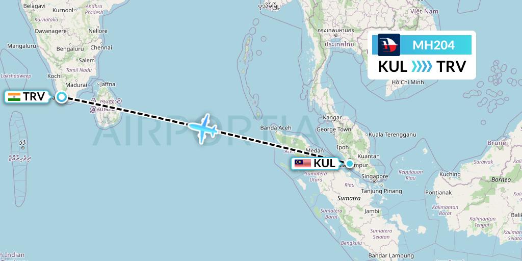 MH204 Malaysia Airlines Flight Map: Kuala Lumpur to Thiruvananthapuram