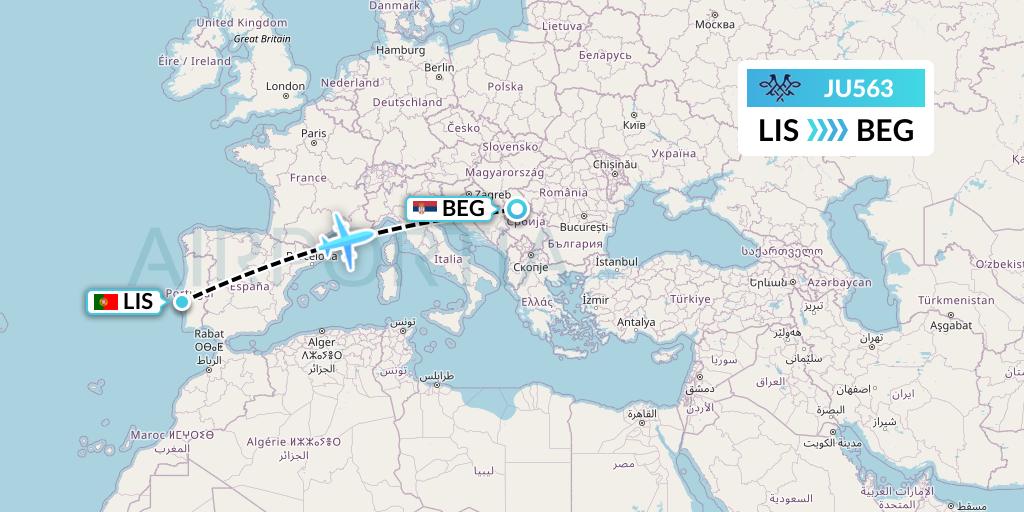 JU563 AirSERBIA Flight Map: Lisbon to Belgrade