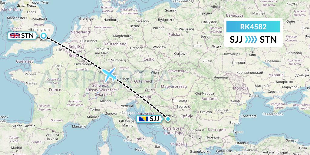 RK4582 Ryanair UK Flight Map: Sarajevo to London