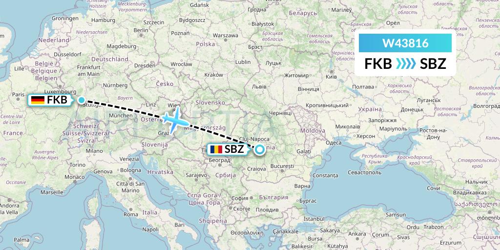 W43816 Wizz Air Malta Flight Map: Karlsruhe/Baden-Baden to Sibiu