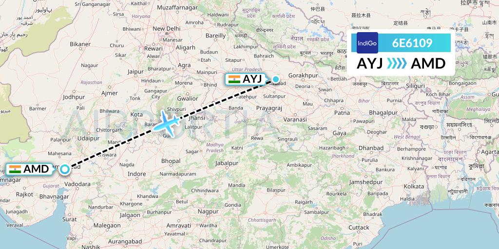 6E6109 IndiGo Airlines Flight Map: Lucknow to Ahmedabad