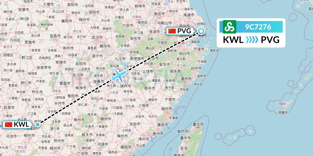 9C7276 Spring Airlines Flight Map: Guilin to Shanghai