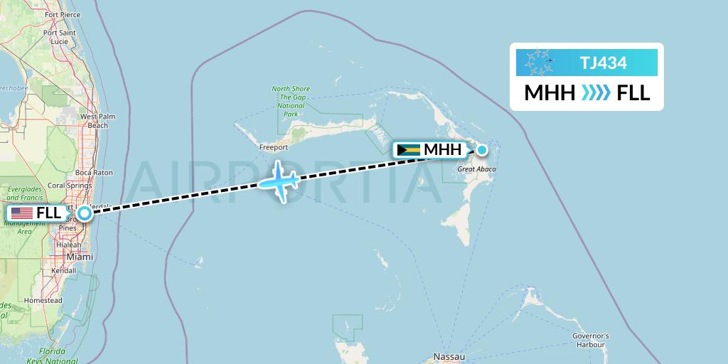 TJ434 Tradewind Aviation Flight Map: Marsh Harbour to Fort Lauderdale