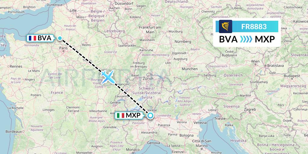 FR8883 Ryanair Flight Map: Paris to Milan