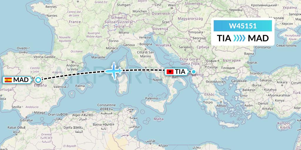 W45151 Wizz Air Malta Flight Map: Tirana to Madrid