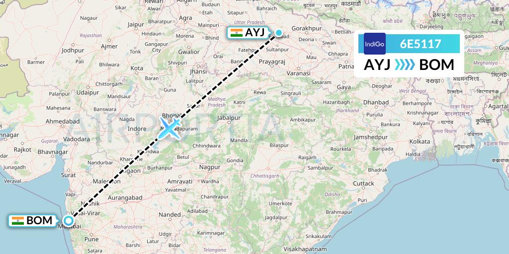 6E5117 IndiGo Airlines Flight Map: Lucknow to Mumbai