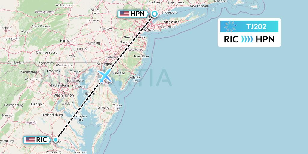 TJ202 Tradewind Aviation Flight Map: Richmond to White Plains