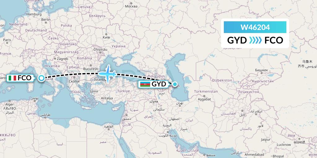 W46204 Wizz Air Malta Flight Map: Baku to Rome