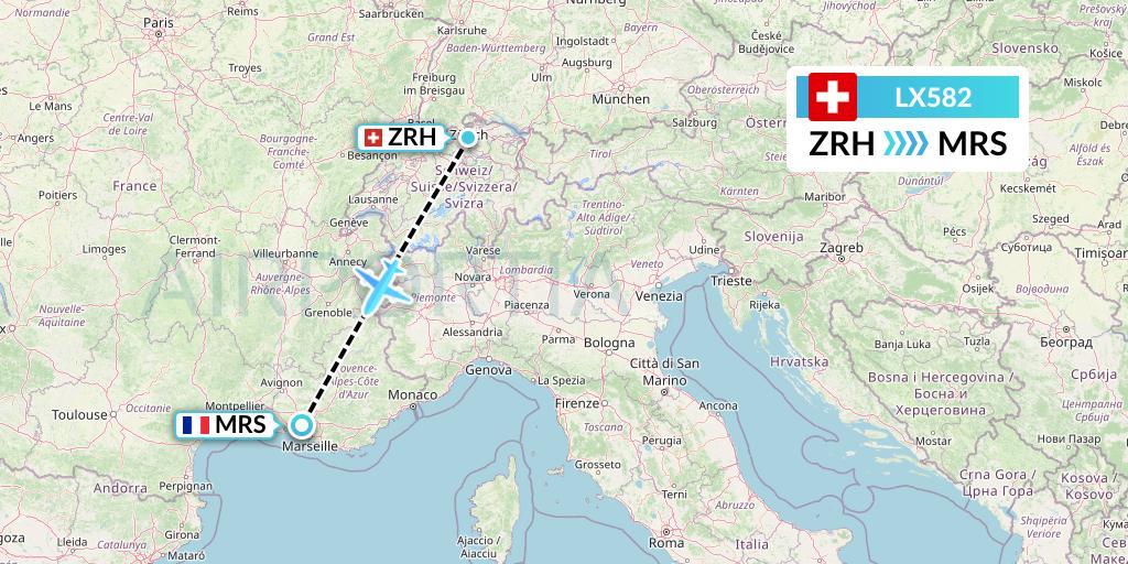 LX582 Swiss Flight Map: Zurich to Marseille