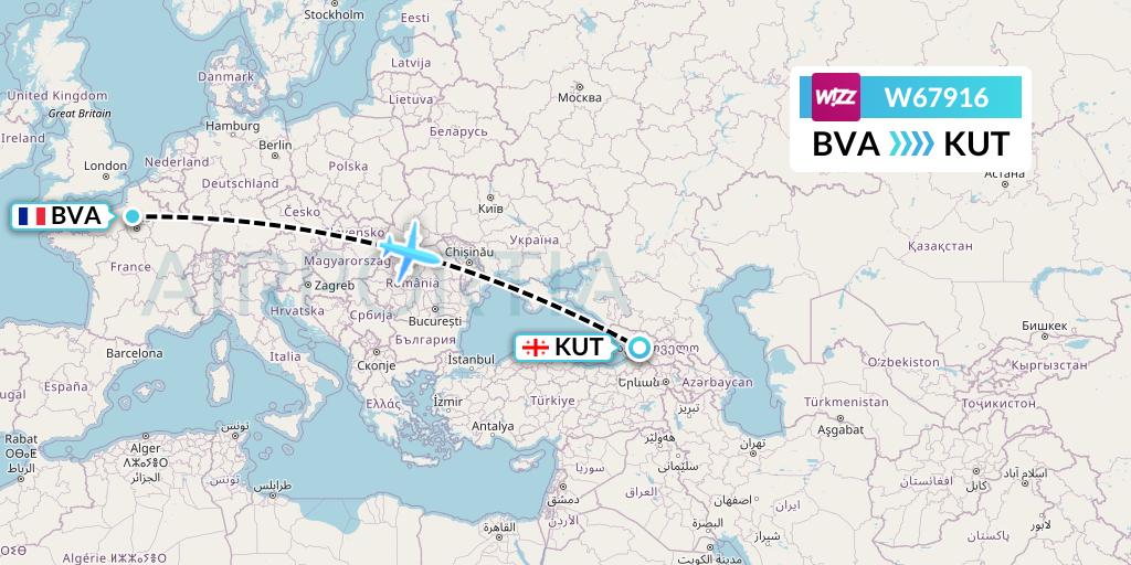 W67916 Wizz Air Flight Map: Paris to Kutaisi