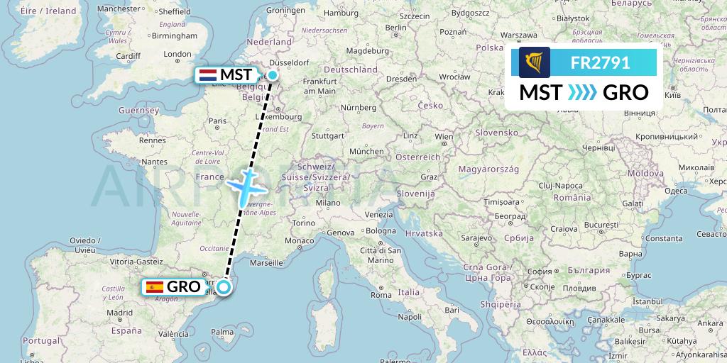 FR2791 Ryanair Flight Map: Maastricht to Girona