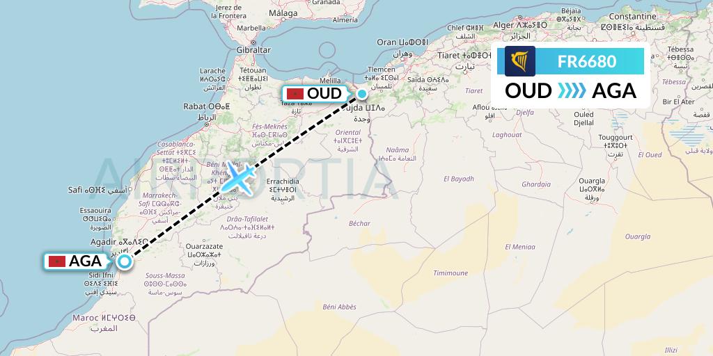 FR6680 Ryanair Flight Map: Oujda to Agadir