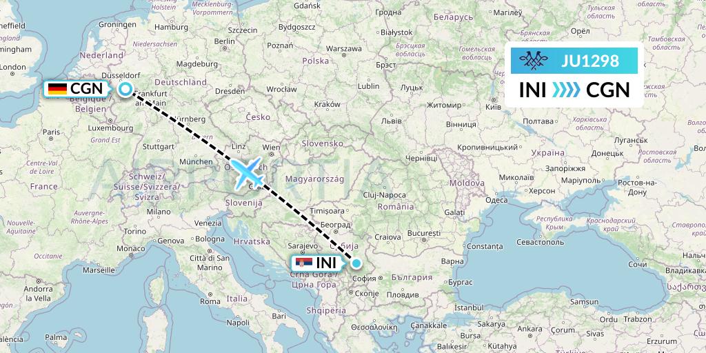 JU1298 AirSERBIA Flight Map: Nis to Cologne