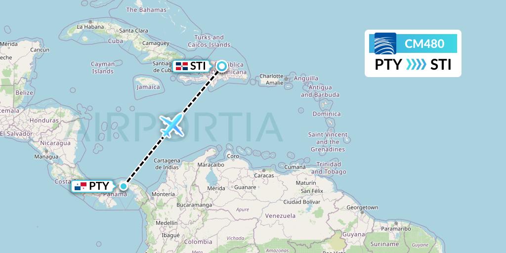 CM480 Copa Airlines Flight Map: Panama City to Santiago de los Caballeros
