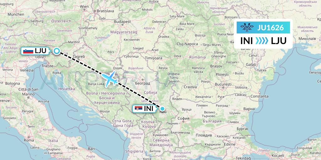 JU1626 AirSERBIA Flight Map: Nis to Ljubljana