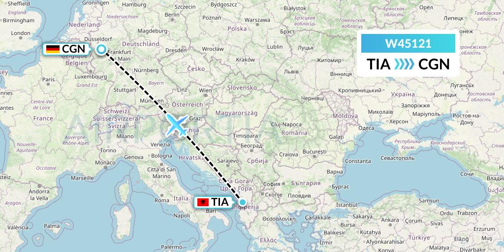W45121 Wizz Air Malta Flight Map: Tirana to Cologne