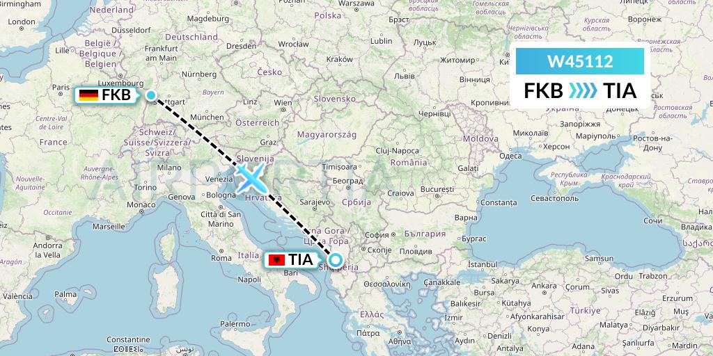 W45112 Wizz Air Malta Flight Map: Karlsruhe/Baden-Baden to Tirana
