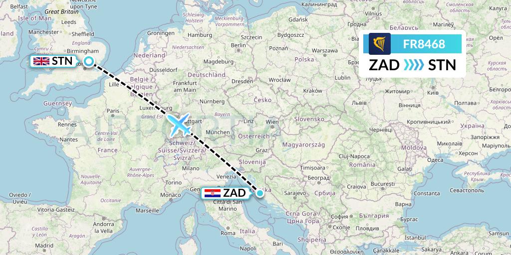 FR8468 Ryanair Flight Map: Zadar to London