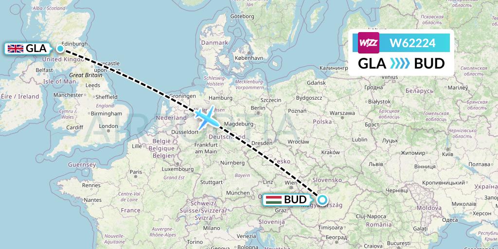 W62224 Wizz Air Flight Map: Glasgow to Budapest