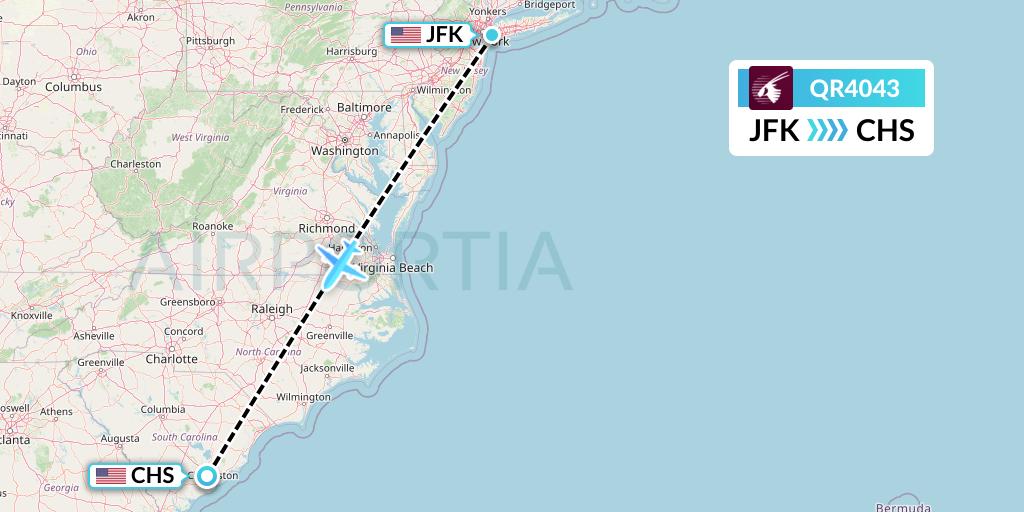 QR4043 Qatar Airways Flight Map: New York to Charleston