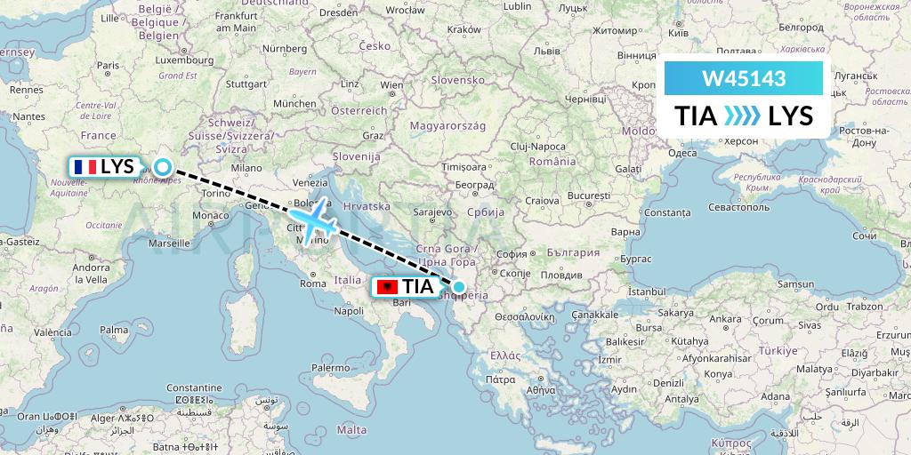 W45143 Wizz Air Malta Flight Map: Tirana to Lyon