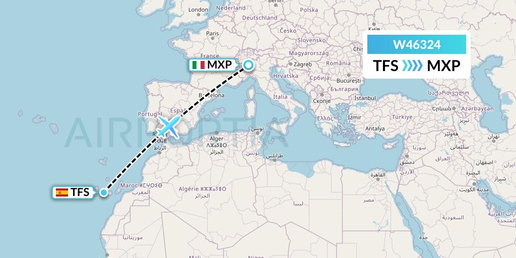 W46324 Wizz Air Malta Flight Map: Tenerife to Milan