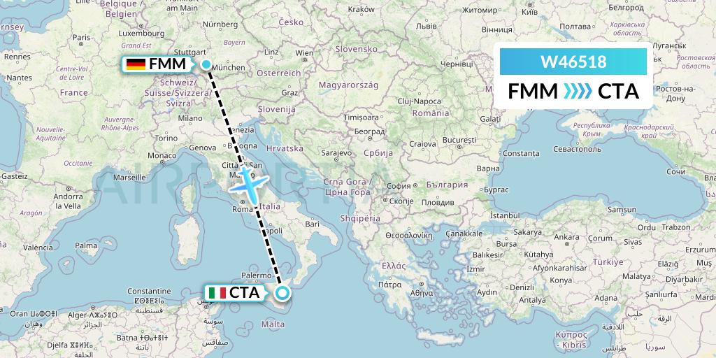 W46518 Wizz Air Malta Flight Map: Memmingen to Catania