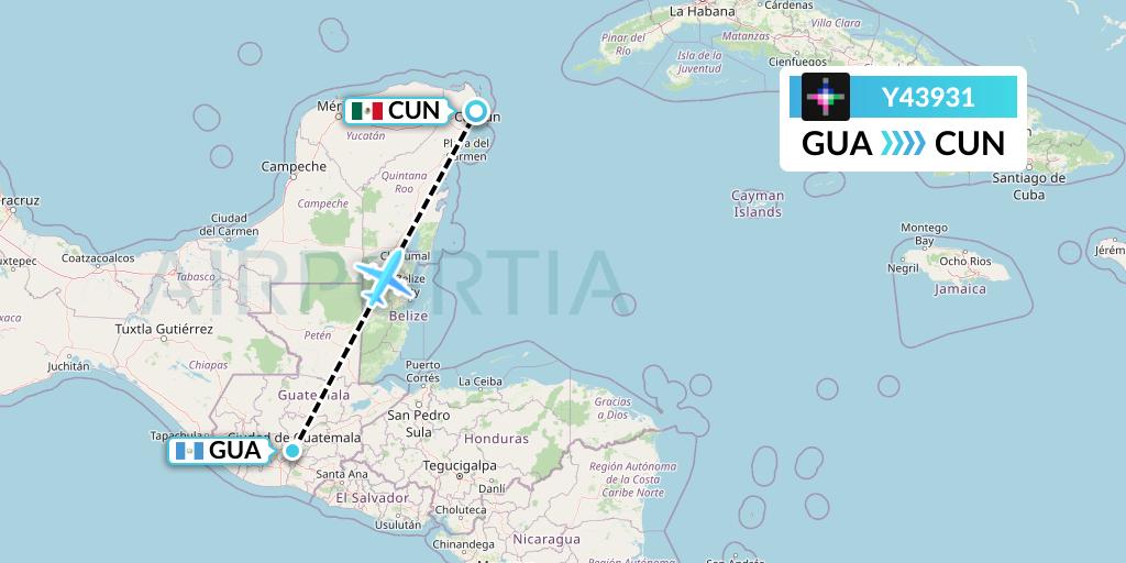 Y43931 Volaris Flight Map: Guatemala City to Cancun
