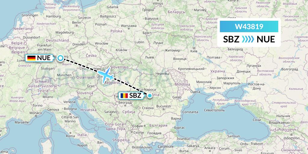 W43819 Wizz Air Malta Flight Map: Sibiu to Nurnberg