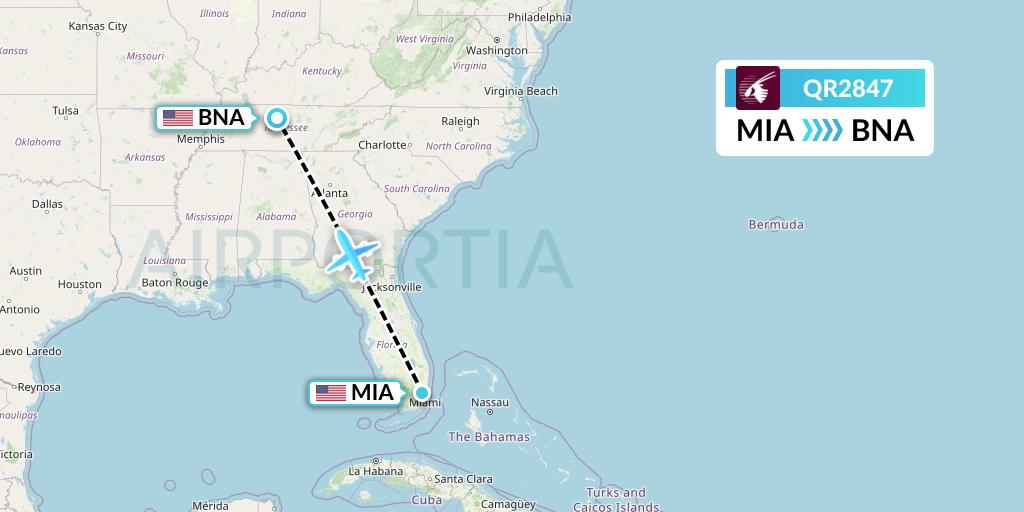 QR2847 Qatar Airways Flight Map: Miami to Nashville