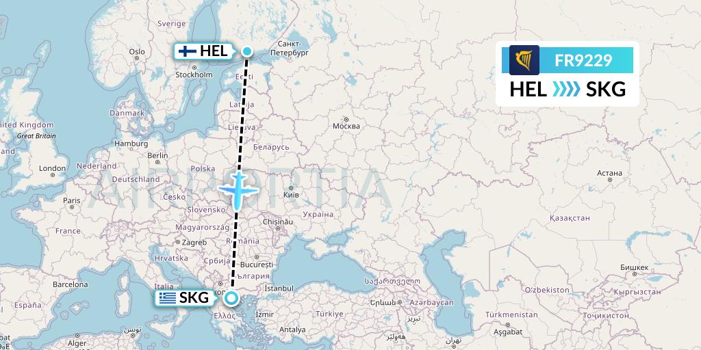 FR9229 Ryanair Flight Map: Helsinki to Thessaloniki