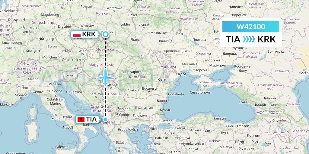 W42100 Wizz Air Malta Flight Map: Tirana to Krakow