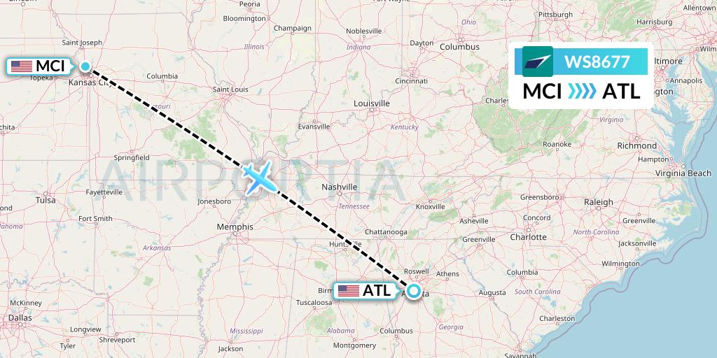 WS8677 WestJet Flight Map: Kansas City to Atlanta