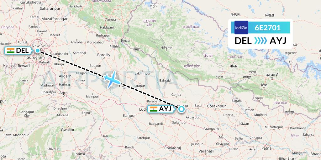 6E2701 IndiGo Airlines Flight Map: Delhi to Lucknow