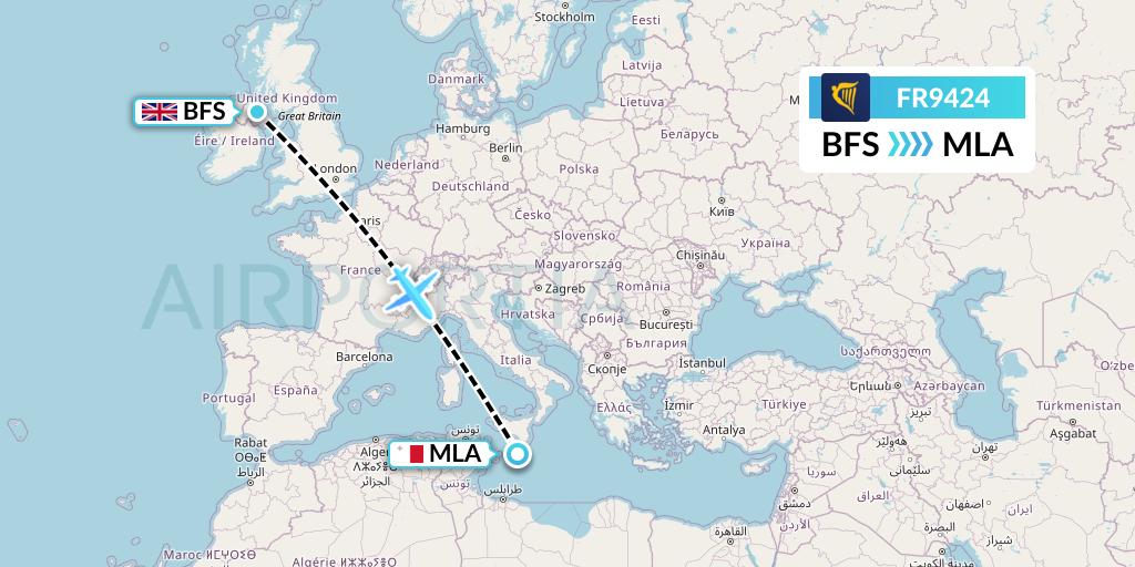 FR9424 Ryanair Flight Map: Belfast to Malta