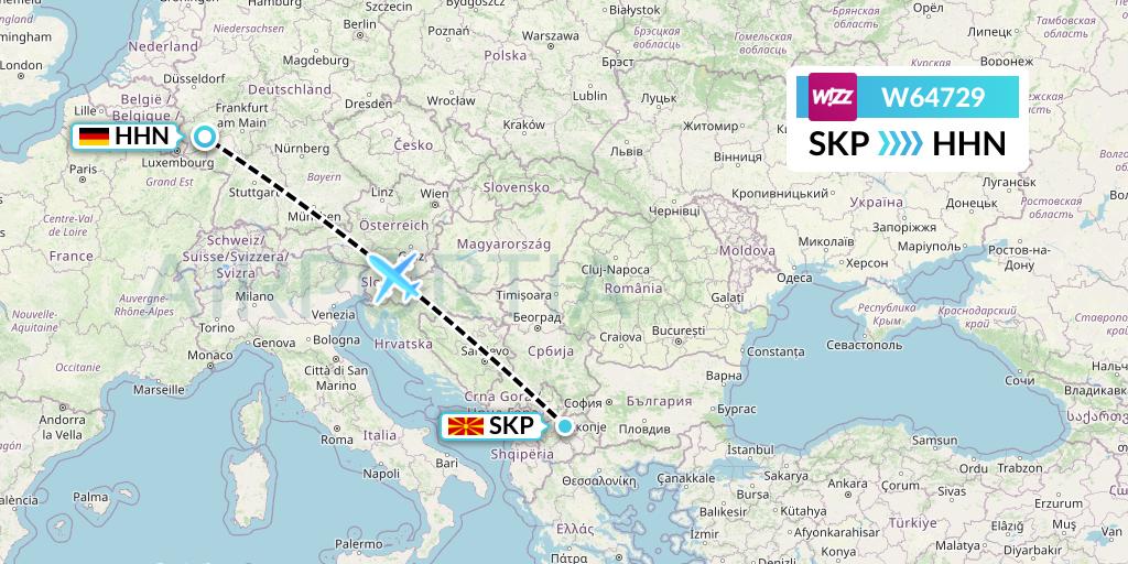 W64729 Wizz Air Flight Map: Skopje to Hahn