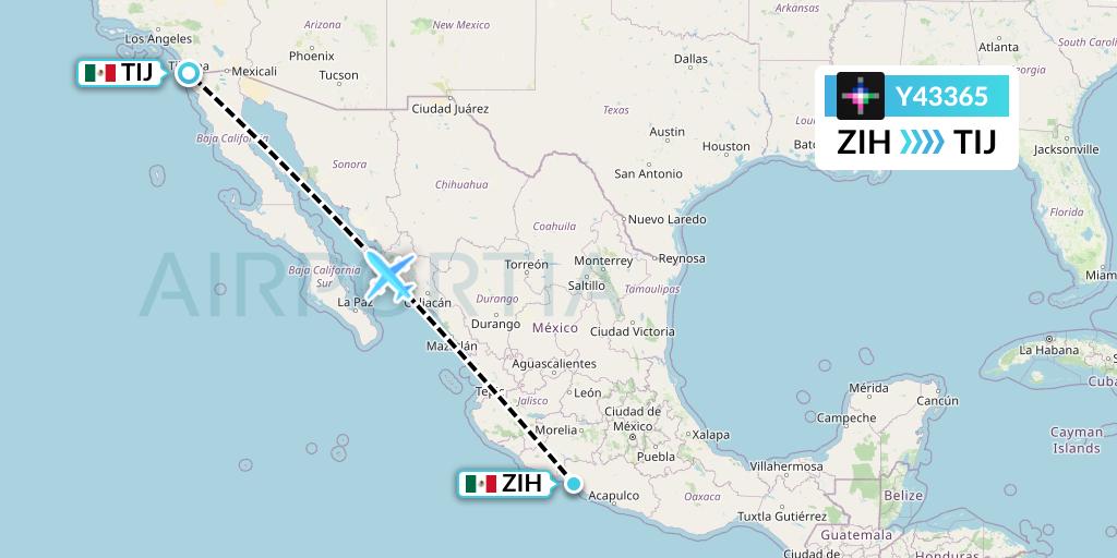 Y43365 Volaris Flight Map: Zihuatanejo to Tijuana