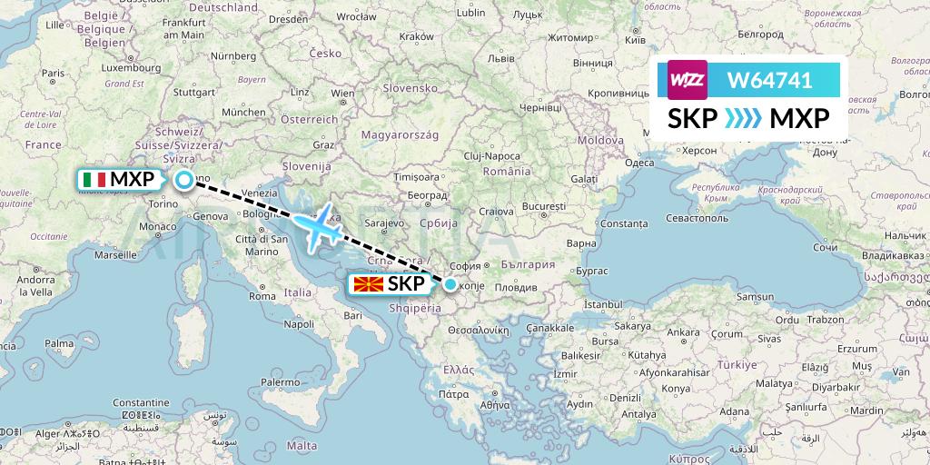 W64741 Wizz Air Flight Map: Skopje to Milan