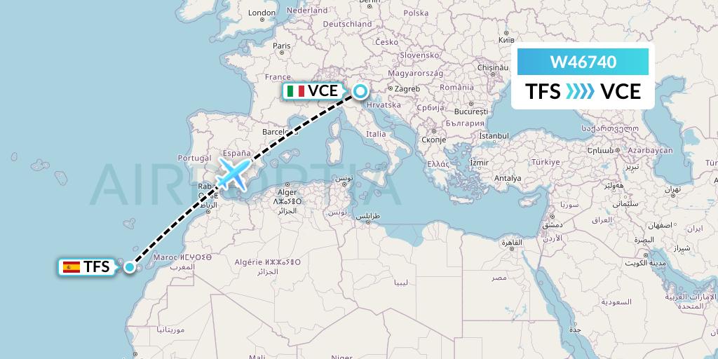 W46740 Wizz Air Malta Flight Map: Tenerife to Venice