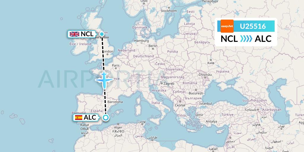 U25516 EasyJet Flight Map: Newcastle to Alicante