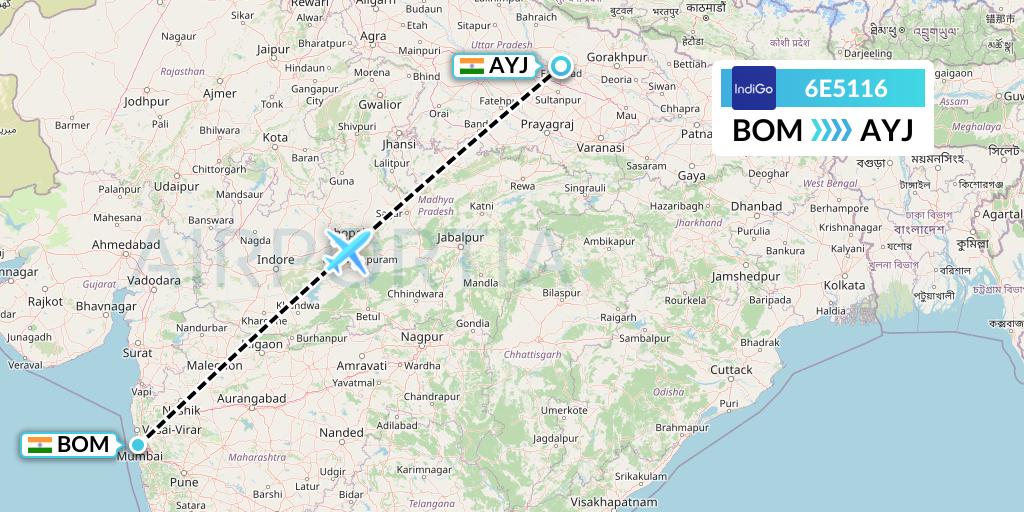 6E5116 IndiGo Airlines Flight Map: Mumbai to Lucknow