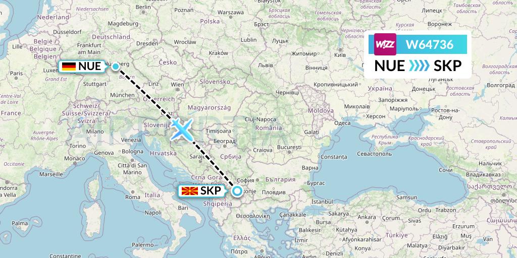 W64736 Wizz Air Flight Map: Nurnberg to Skopje