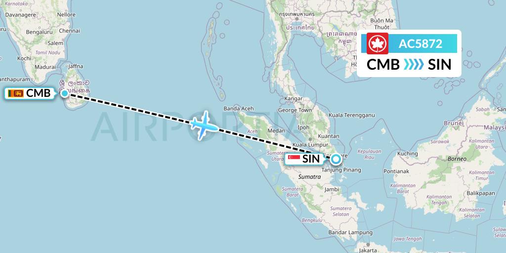 AC5872 Air Canada Flight Map: Colombo to Singapore