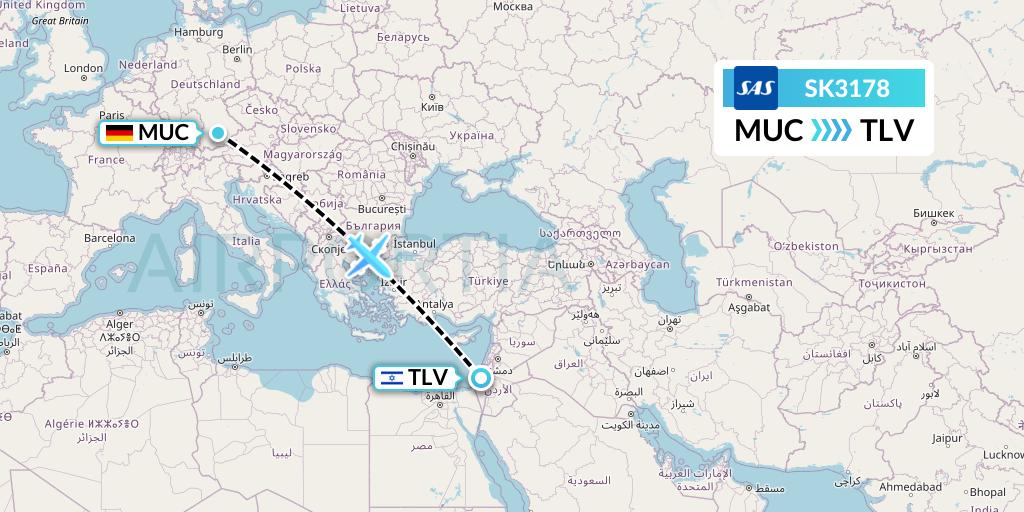 SK3178 SAS Flight Map: Munich to Tel Aviv