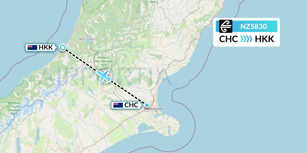 NZ5830 Air New Zealand Flight Map: Christchurch to Hokitika